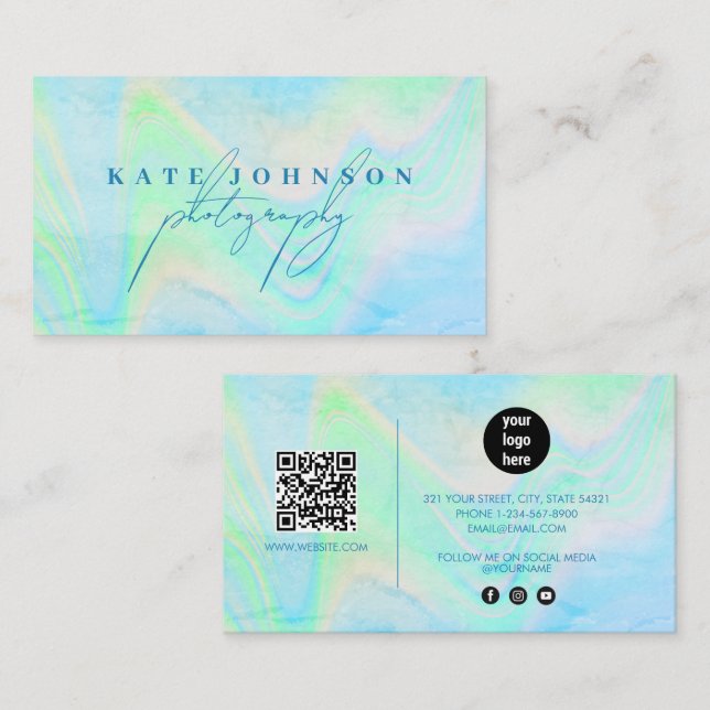 Holographic Opal Stone Marble Script QR Code Blue Business Card (Front/Back)