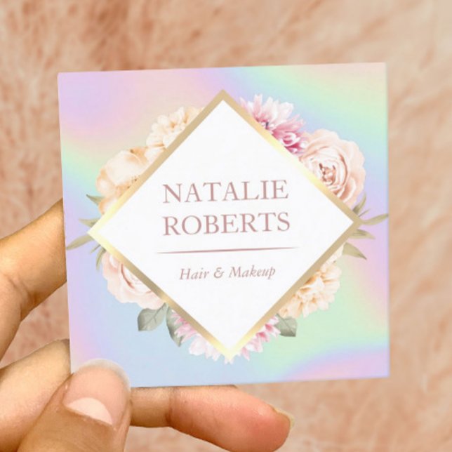 Holographic Pastel Floral Makeup Artist Hair Salon Square Business Card (Creator Uploaded)