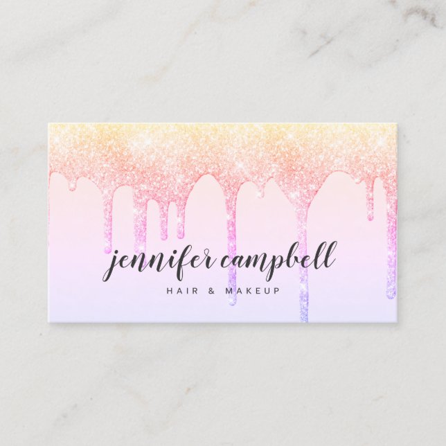 Holographic pastel pink glitter drips makeup hair business card (Front)