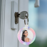 Holographic photo pink purple girl key ring<br><div class="desc">A trendy holographic background with unicorn and rainbow pastel colours in pink,  purple,  rose gold,  mint green. Personalise and add your photo.</div>