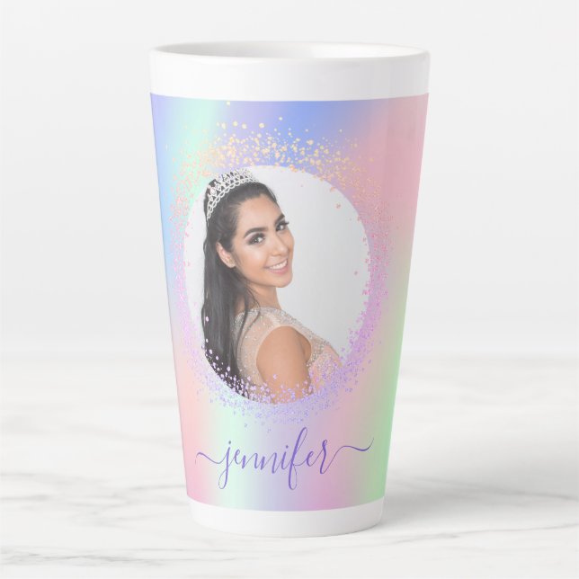 Holographic photo pink purple name script latte mug (Front)