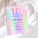 Holographic pink 18th birthday budget invitation<br><div class="desc">A girly and feminine 18th birthday party invitation. On front: A rainbow, holographic coloured background in purple, pink, mint green. Decorated with blush pink confetti. Personalise and add a name and party details. The name is written with a hand lettered style script, purple coloured letters. 1 sheet = 1 invitation...</div>