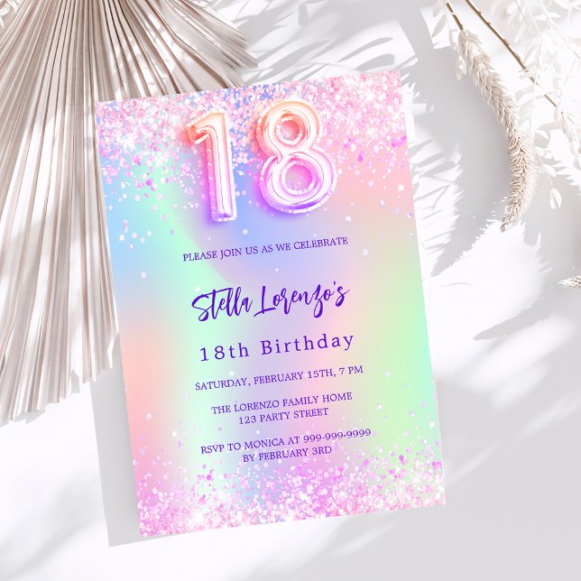 Holographic pink 18th birthday budget invitation (Creator Uploaded)