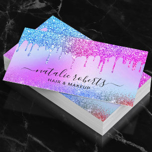 Holographic Pink Blue Glitter Drips Salon & Spa Business Card