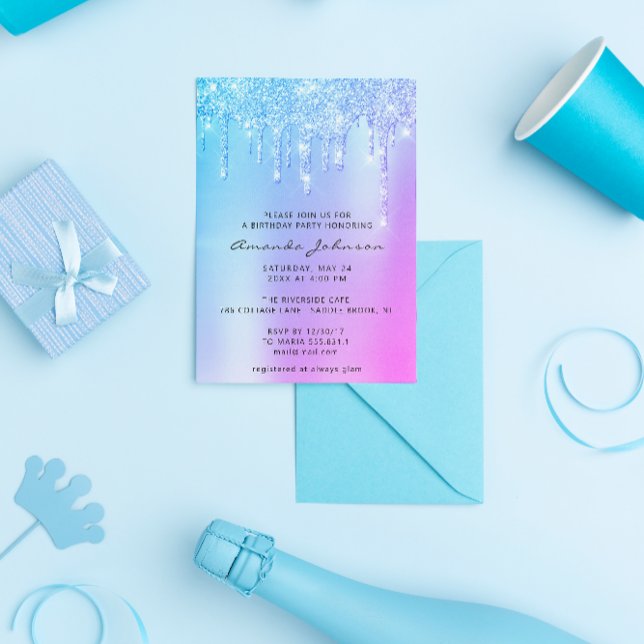 Holographic Pink Blue Glitter Effect Drip Birthday Invitation (Creator Uploaded)