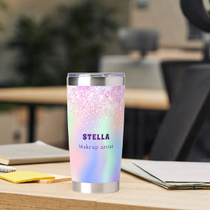 Holographic pink custom name business insulated tumbler