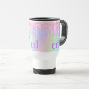 Holographic pink drips monogram travel mug