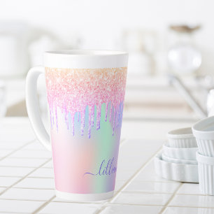 Holographic pink drips name script latte mug