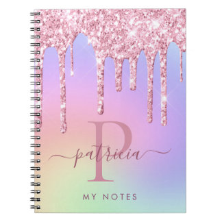 Holographic Pink Glitter Drips Elegant Monogram Notebook