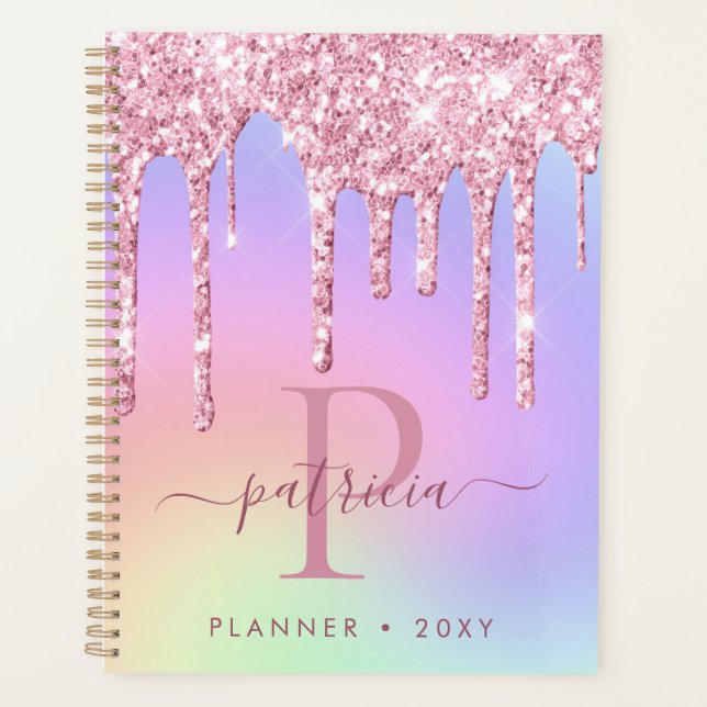 Holographic Pink Glitter Drips Elegant Monogram  Planner (Front)