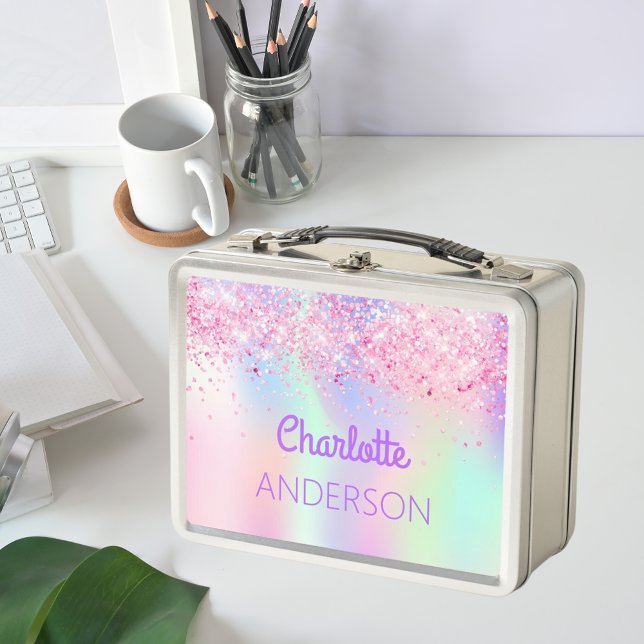 Holographic pink glitter name girl metal lunch box (Creator Uploaded)