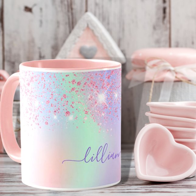 Holographic pink glitter purple green rainbow name mug (Creator Uploaded)
