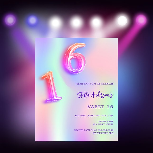 Holographic pink neon Sweet 16 budget invitation (Creator Uploaded)