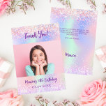 Holographic pink photo birthday thank you card<br><div class="desc">A pink,  purple holographic background.  Personalise and add your photo and thank you note.  Purple text.</div>