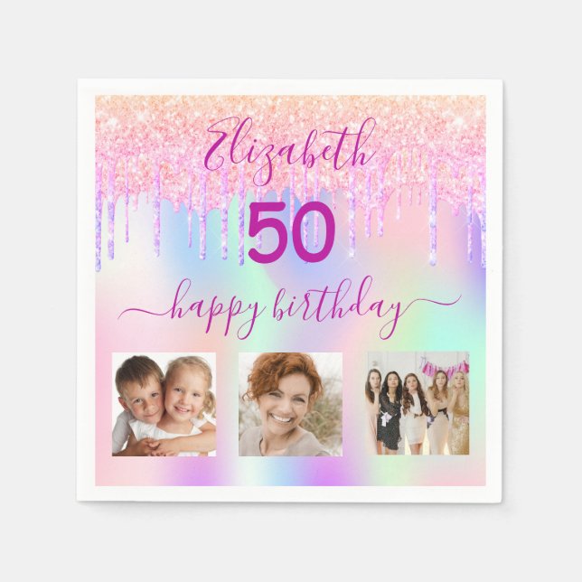 Holographic pink photo glitter birthday napkin (Front)