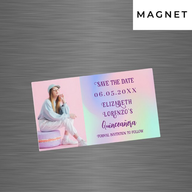 Holographic pink photo Quinceanera Save the Date (Creator Uploaded)