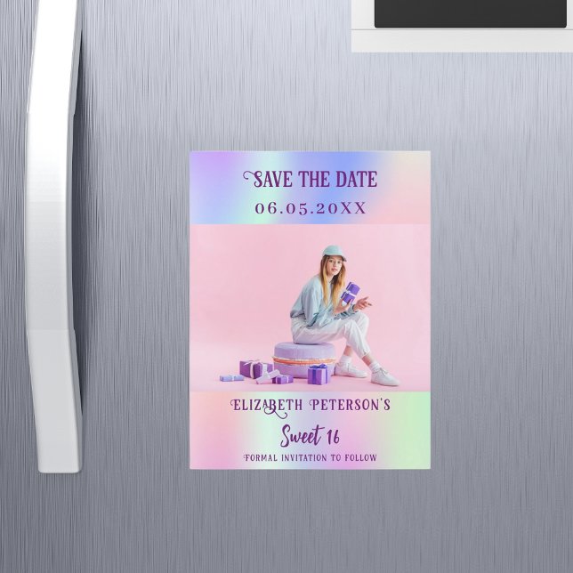 Holographic pink photo Sweet 16 Save the Date (Creator Uploaded)