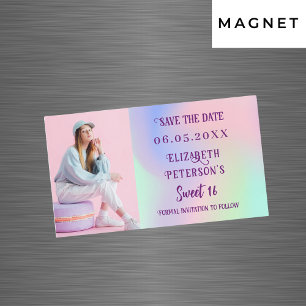 Holographic pink photo Sweet 16 Save the Date