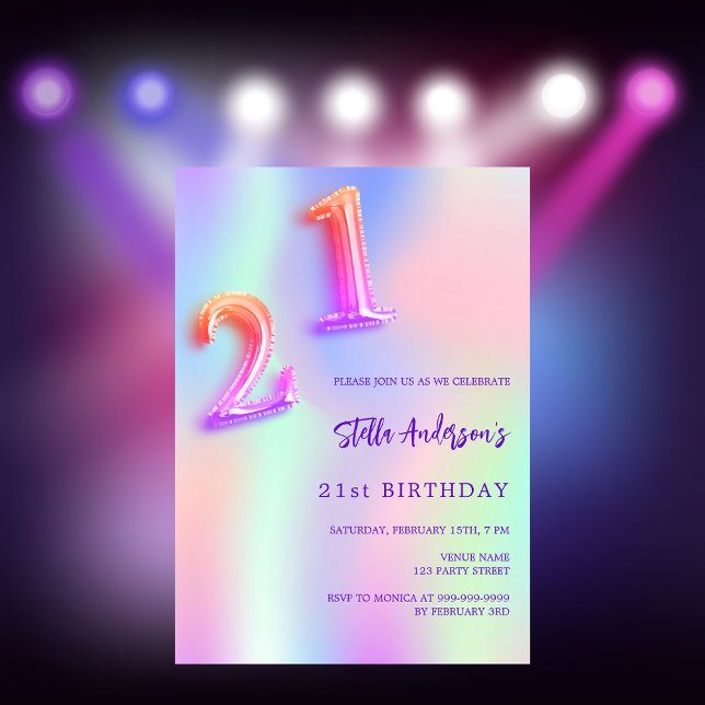 Holographic pink purple 21st birthday invitation (Creator Uploaded)