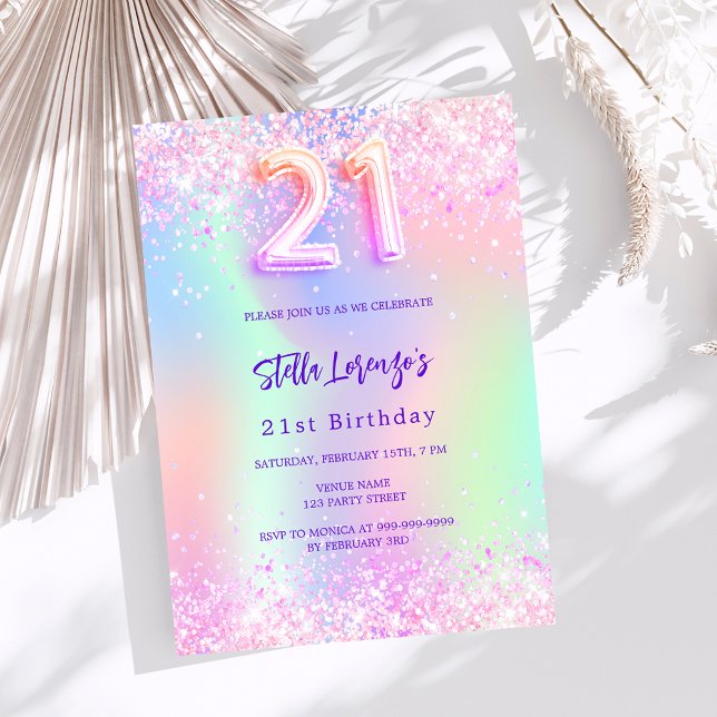 Holographic pink purple 21st birthday invitation (Creator Uploaded)