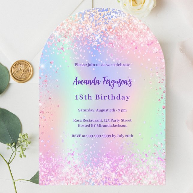 Holographic pink purple birthday arch invitation (Creator Uploaded)