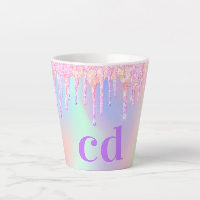 Holographic pink purple drips monogram latte mug (Front)