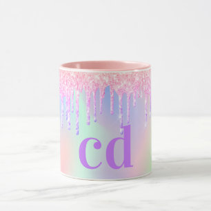 Holographic pink purple drips monogram mug