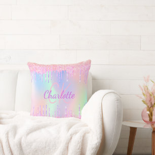Holographic pink purple glitter drips monogram cushion