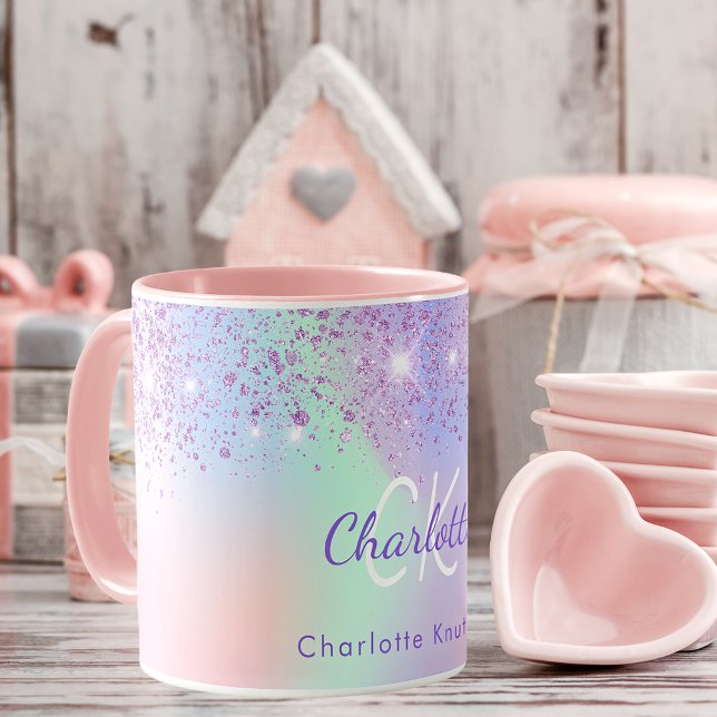 Holographic pink purple glitter mint monogram mug (Creator Uploaded)