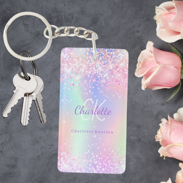 Holographic pink purple glitter monogram name key ring (Creator Uploaded)