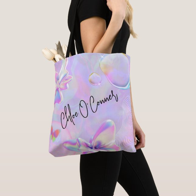 Holographic Pink Purple Glitter Name Tote Bag (Close Up)