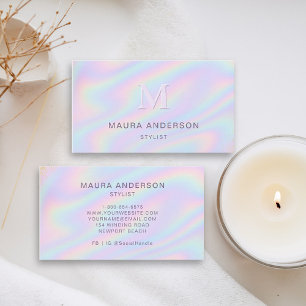 Holographic Pink Purple Modern Monogram Elegant Business Card