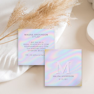 Holographic Pink Purple Modern Monogram Elegant Square Business Card