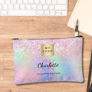 Holographic pink purple monogram business logo accessory pouch