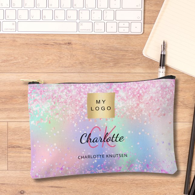 Holographic pink purple monogram business logo accessory pouch (Creator Uploaded)