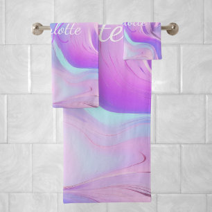 Holographic pink purple monogram initials name bath towel set