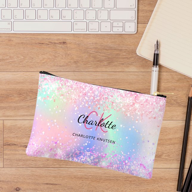 Holographic pink purple monogram name accessory pouch (Creator Uploaded)