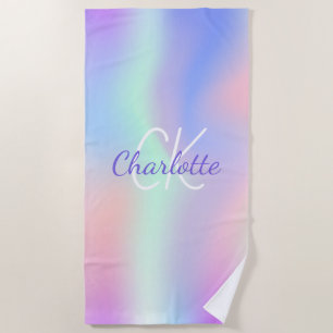 Holographic pink purple monogram name  beach towel