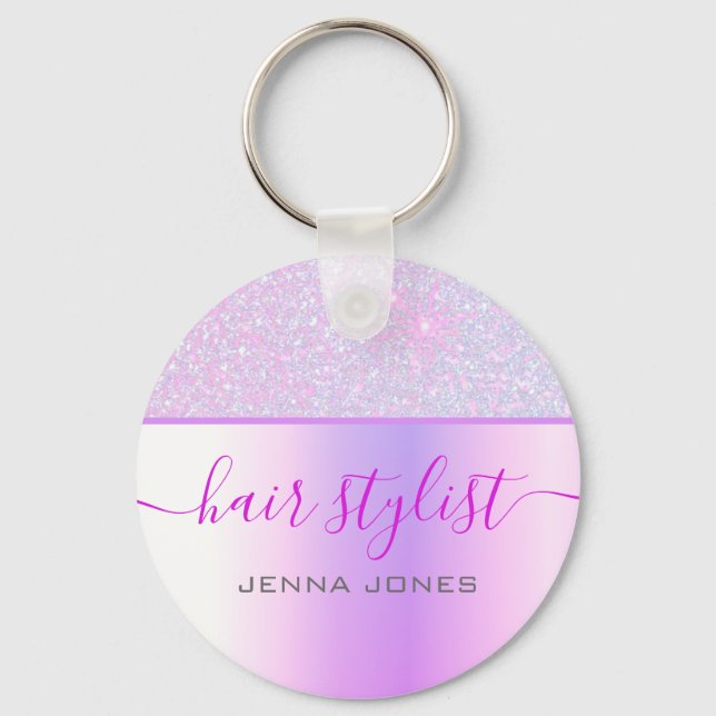 Holographic Pink Purple Ombre Glitter Custom Name Key Ring (Front)