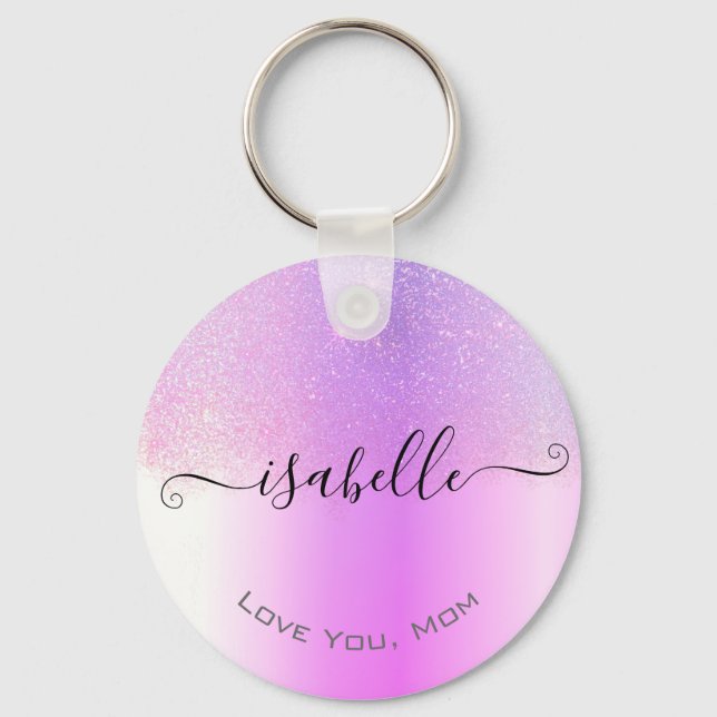 Holographic Pink Purple Ombre Glitter Rain Modern Key Ring (Front)