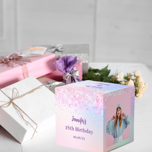 Holographic pink purple photo birthday party favour box (Creator Uploaded)