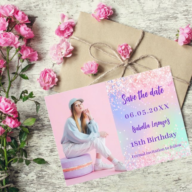 Holographic pink purple photo birthday save the date (Creator Uploaded)