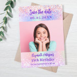 Holographic pink purple photo birthday save the date<br><div class="desc">A modern and elegant Save the Date for a 18th (or any age) birthday party.  Holographic,  pink,  purple mint green background. Personalise and add a photo,  date and name.</div>