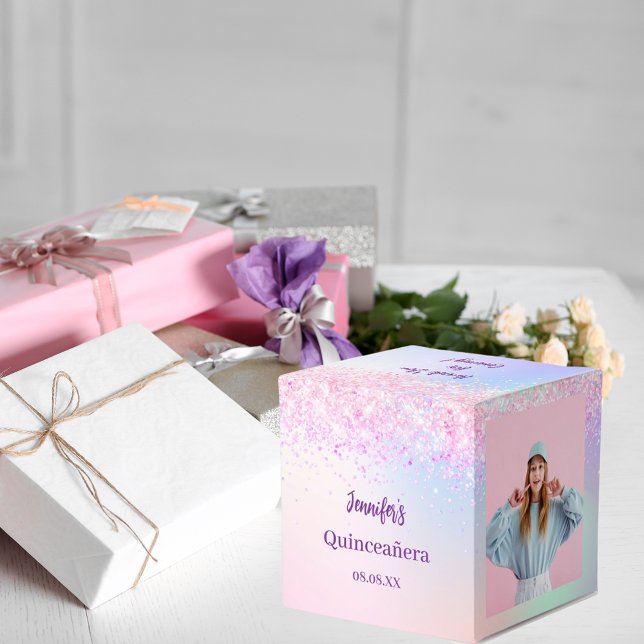 Holographic pink purple photo Quinceanera Favour Box (Creator Uploaded)