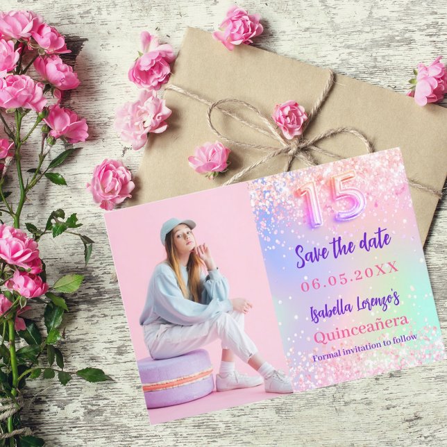 Holographic pink purple photo Quinceanera Save The Date (Creator Uploaded)