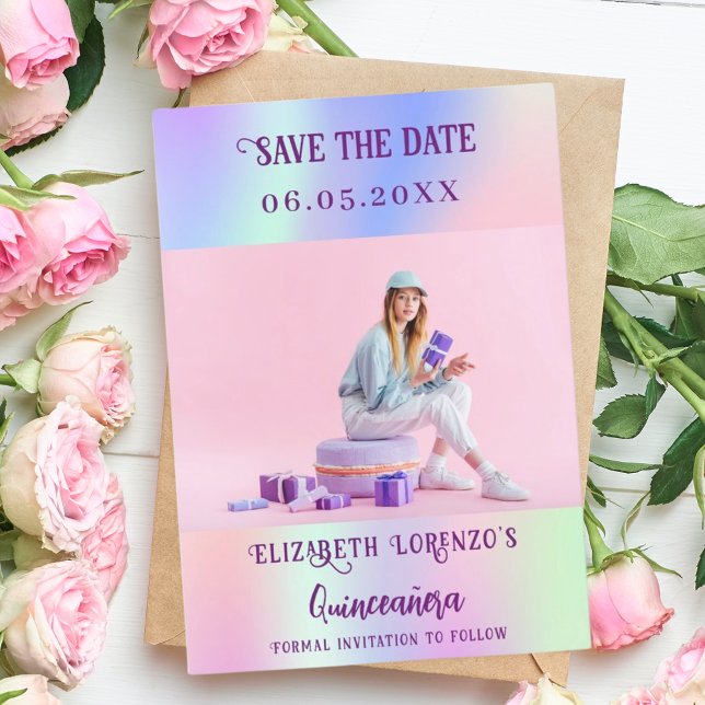 Holographic pink purple photo script Quinceanera Save The Date (Creator Uploaded)