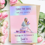 Holographic pink purple photo script Sweet 16 Save The Date<br><div class="desc">A modern and elegant Save the Date for a Sweet 16. Holographic,  pink,  purple mint green background. Personalise and add a photo,  date and name.</div>