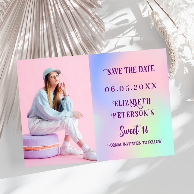 Holographic pink purple photo script Sweet 16 Save The Date (Creator Uploaded)