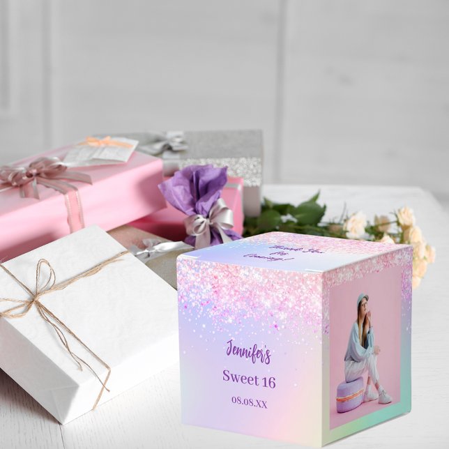 Holographic pink purple photo Sweet 16 Favour Box (Creator Uploaded)
