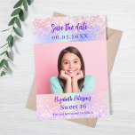 Holographic pink purple photo Sweet 16 Save The Date<br><div class="desc">A modern and elegant Save the Date for a Sweet 16. Holographic,  pink,  purple background with confetti. Personalise and add a photo,  date and name.</div>